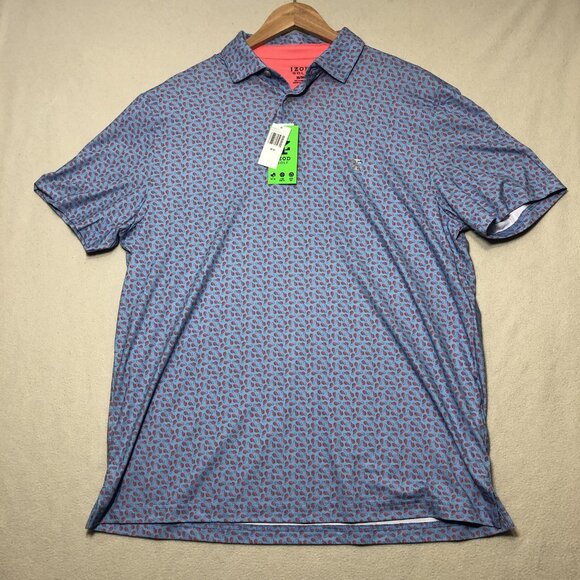 IZOD Golf Shirt Men's Sz M Short Sleeve Polo Stretch Tropical Ocean Blue Shrimp - Picture 1 of 6